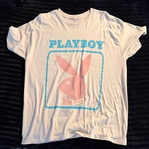 PLAYBOY White Tee with Pink Bunny and Aqua Logo